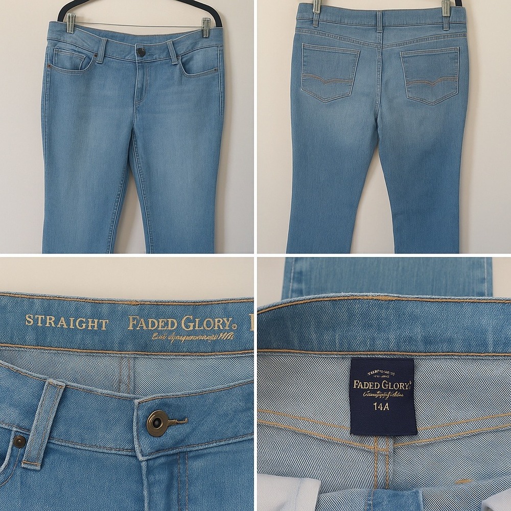Faded Glory Straight Leg Jeans‎ Women's 14A Light Wash Denim Mid Rise Classic
